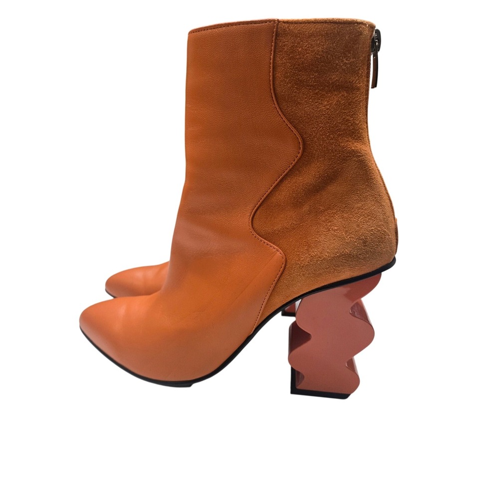 iRi New York Orange Leather Suede Wavy Architectural Heel‎ Ankle Boots 38/7.5